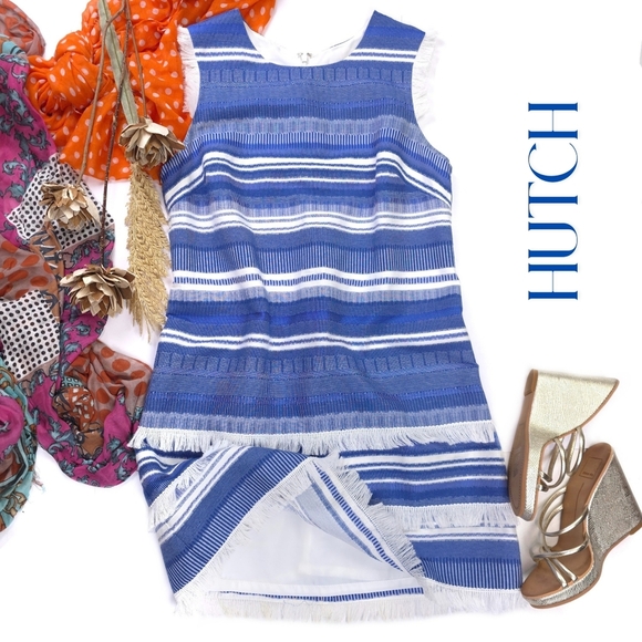 Hutch Blue and White Striped Fringed Dress Sz M - Picture 1 of 14